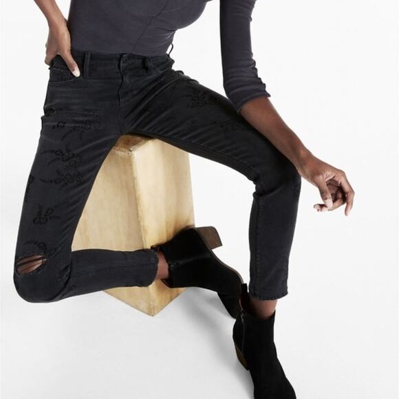 Lucky Brand Denim - Lucky Brand Black Ava Skinny Jeans with Velvet Floral Detail